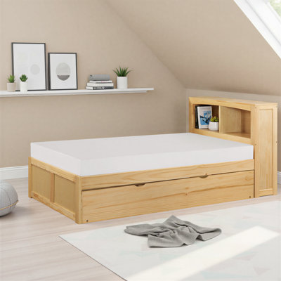 Sabio Transitional Wood Twin Bookcase Platform Bed with Twin Trundle, Integrated Storage Headboard & Foundation-Free Design