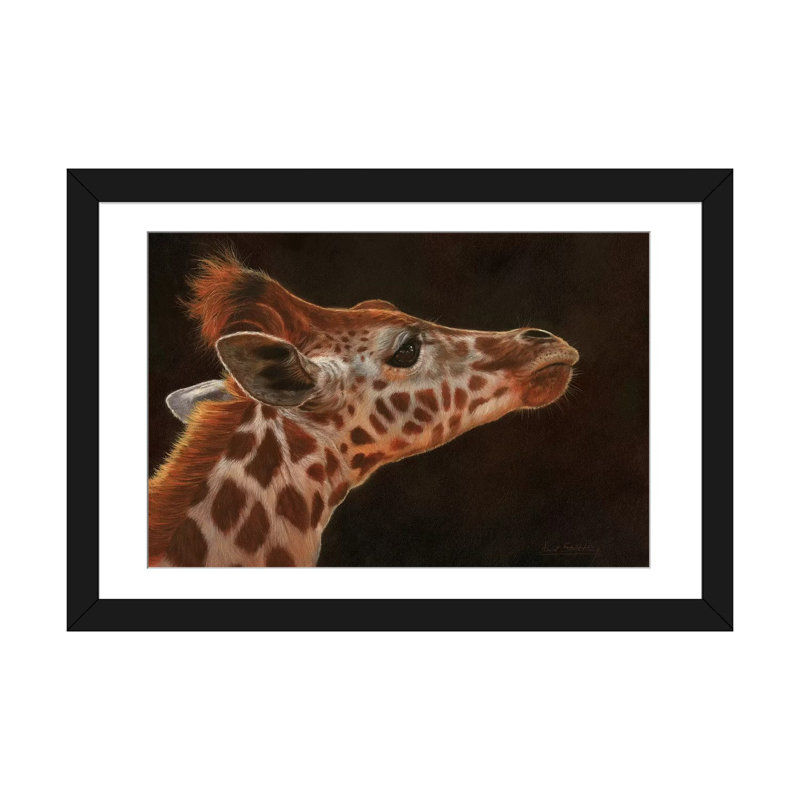 « giraffe portrait i », impression sur toile, H 24 po x l 32 po x P 1 po, Papier d'art encadré noir, Blanc