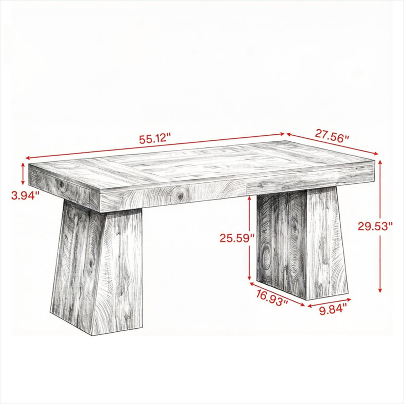 Bureau de direction en bois massif et fer avec piétement trapézoïdal pour bureau à domicile, poste de travail rectangulaire de 55 pouces