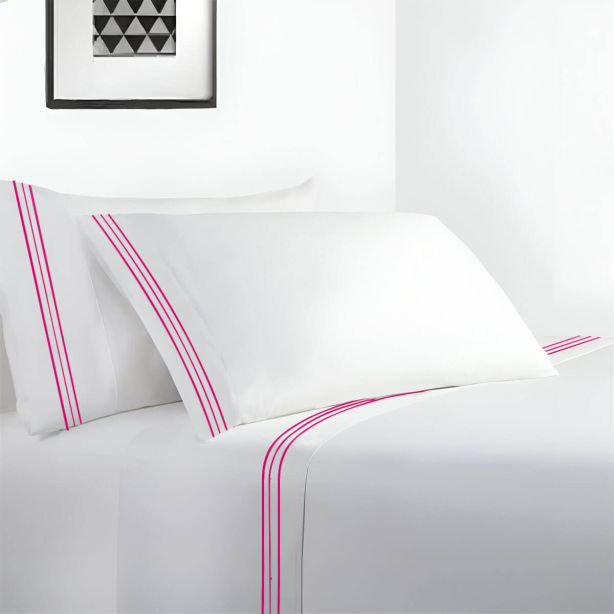 400TC Cotton Sateen Classic Embroidery Cotton 4 Piece Sheet Set Fitted Sheet Fits Upto 16" Deep Pocket, Hot Pink