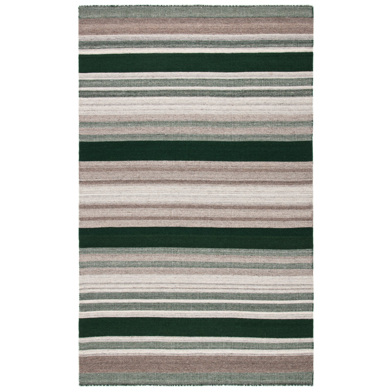 Tapis rayé vert / gris Dhurries, Rectangle 4pi x 6 pi