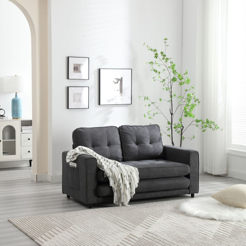Canapé à 3 volets, canapé-lit futon convertible, causeuse peu encombrante, canapé-lit escamotable pour le salon, gris foncé et gris clair et beige, tissu en lin velours