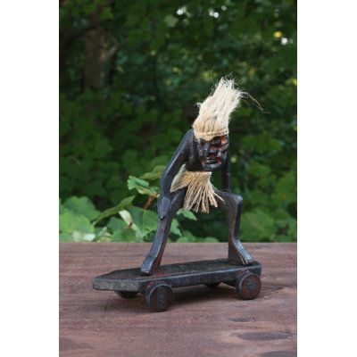 Handmade Wooden Primitive Tribal Skateboarding Statue Funny Sculpture Tiki Bar Handcrafted Unique Gift Decor Accent Figurine Hand Carved - B