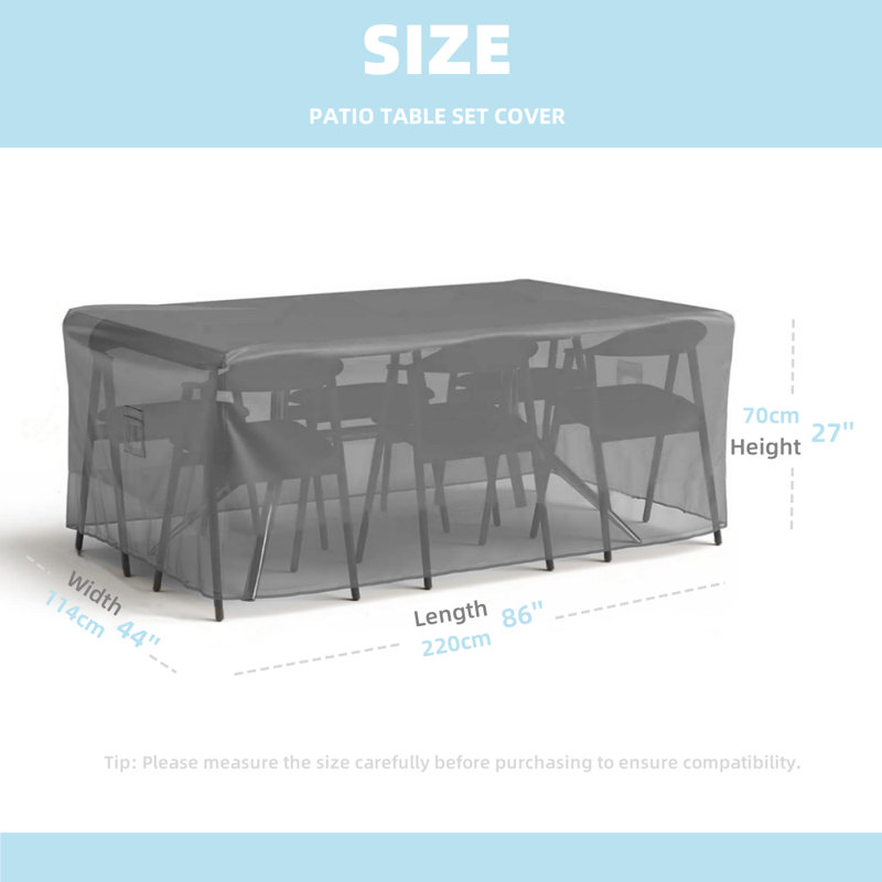 Housse de protection pour table et chaises de patio, noire, H 27 po x l 86 po x P 44 po
