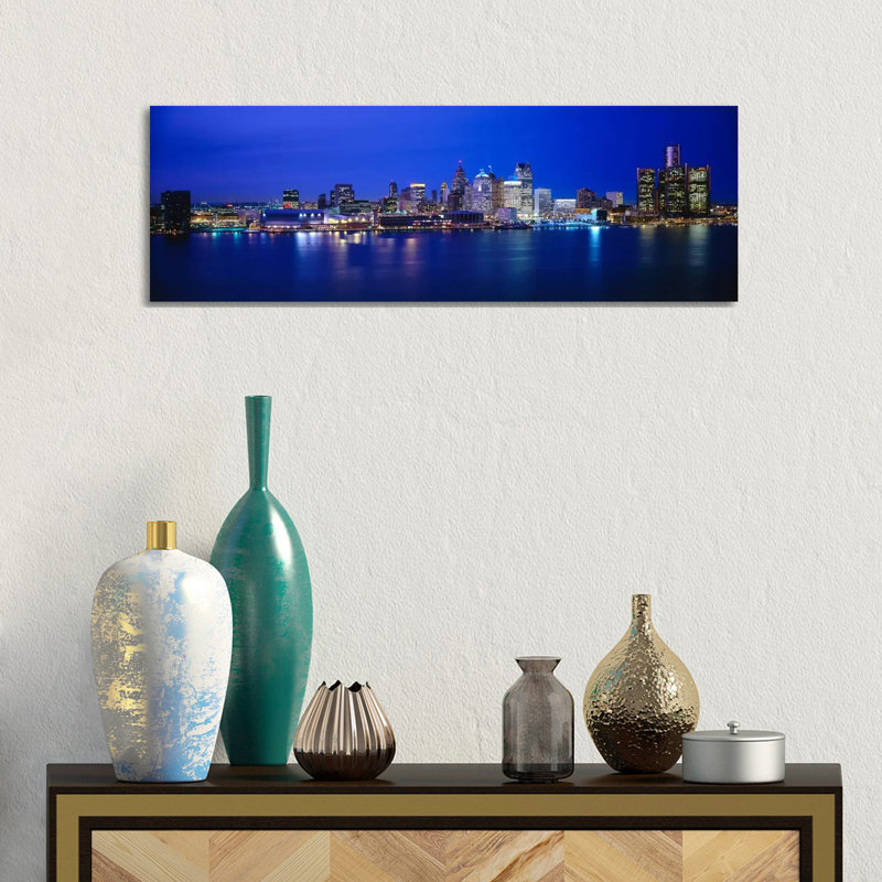 USA, Michigan, Detroit, Night by Panoramic Images - Wrapped Canvas Panoramic Print, 30.48 cm H x 91.44 cm W x 1.91 cm D
