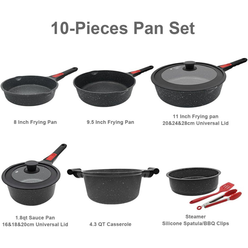 Batterie de cuisine antiadhésive en aluminium 10 pièces, Noir