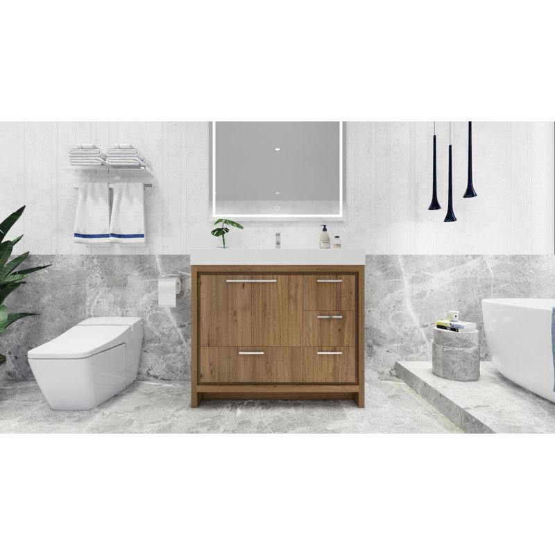 Meuble-lavabo simple 42 po Charmante, Chrome, Chêne naturel