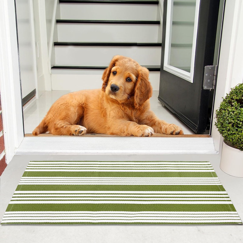 Tapis pour porte avant - vert et blanc - rayé, stratifié, coton, tissé à la main, réversible, lavable, tapis d'extérieur / d'intérieur