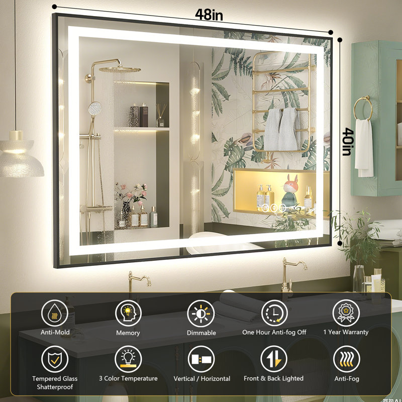 Adorna UL Certified Dimmable LED Bathroom Mirror with 3-Color Lighting, Anti-Fog & Sleek Black Frame, 48" x 40"