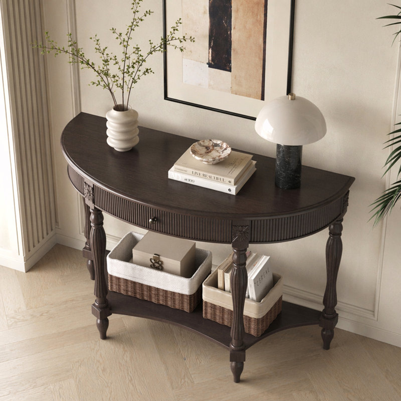 Console demi-lune avec tiroir et tablette, Brun rustique profond