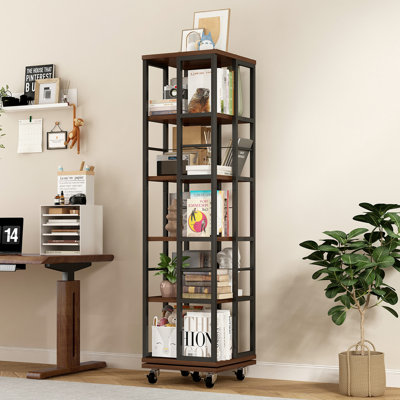 5 Tiers Rotating Bookshelf, Corner Bookcase, 360 Display Wood Spinning Bookshelves, Floor Standing Bookcase Narrow Shelf