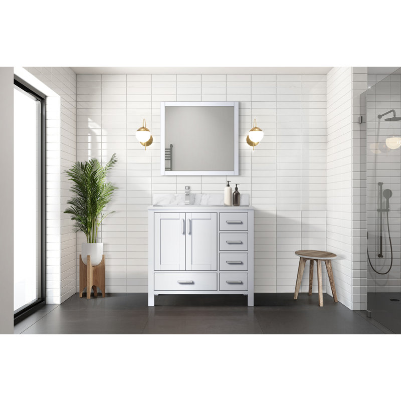 Jacques 36 in. W x 22 in. D Left Offset Bath Vanity and 34 in. Mirror, White, White Carrara Marble