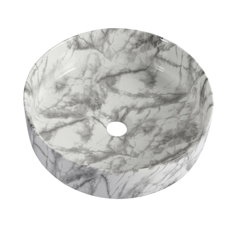 Lavabo de salle de bain rond en céramique sur fond blanc avec motifs gris (BAA0014012QQ), Blanc / Gris