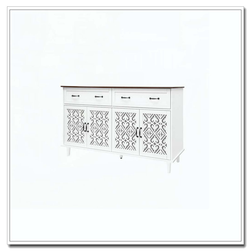 Vintage Sideboard Buffet Cabinet with Hand-Carved Geometric Doors, Distressed Light Wood Finish, White+Walnut
