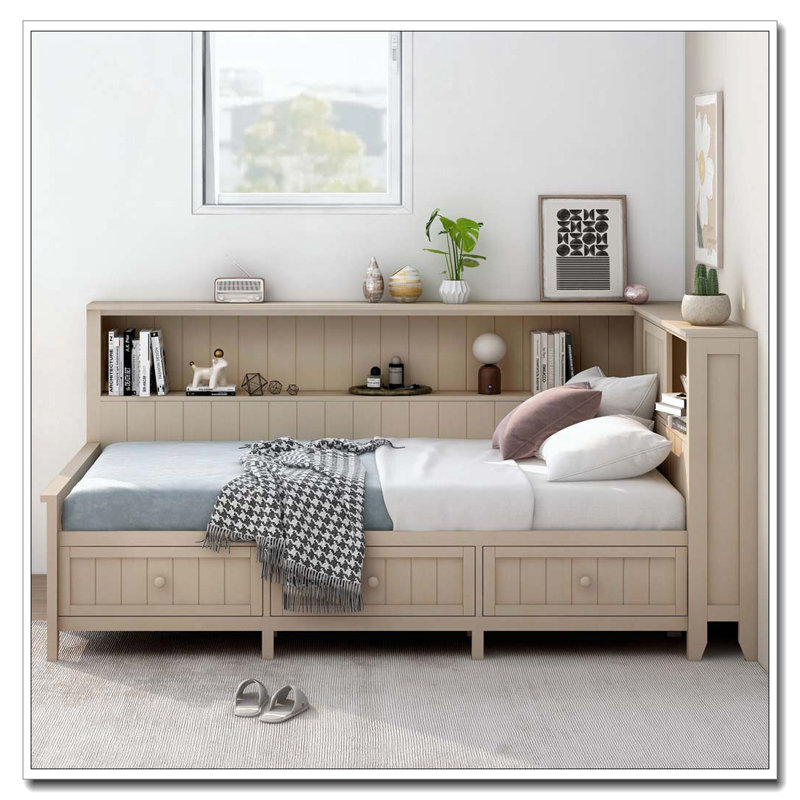 Lit de jour simple en bois avec tablettes de rangement et 3 tiroirs, Twin