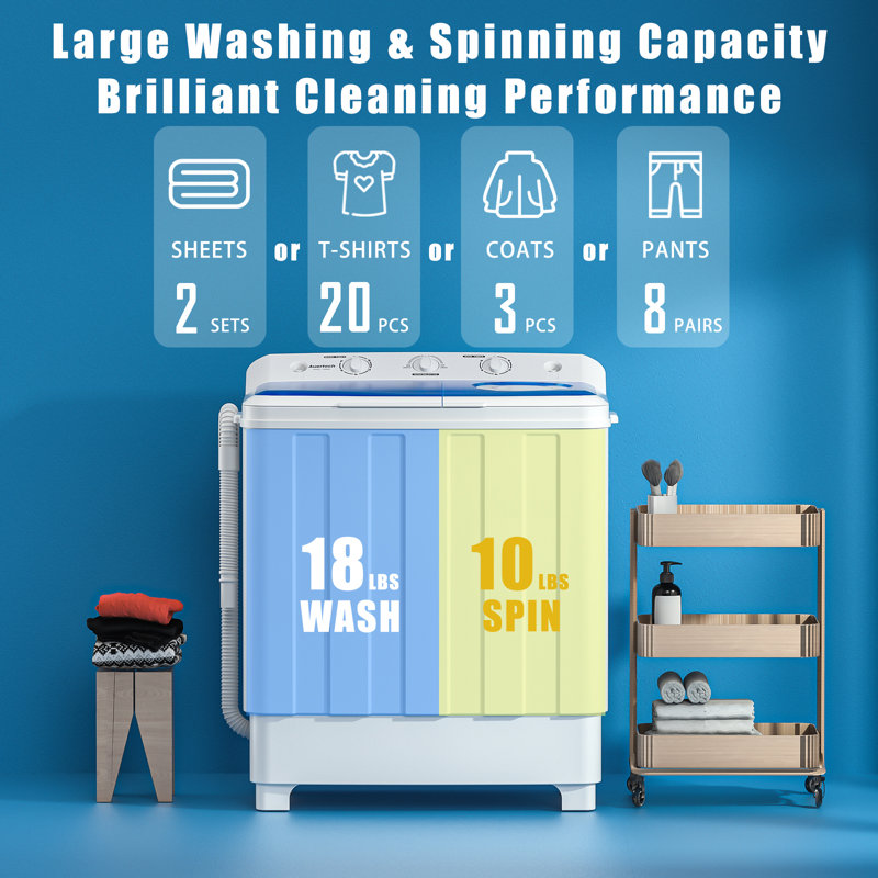 Auertech Portable Washer 28lbs Twin Tub Compact With Drain Pump, Semi-automatic Washer Spinner Combo