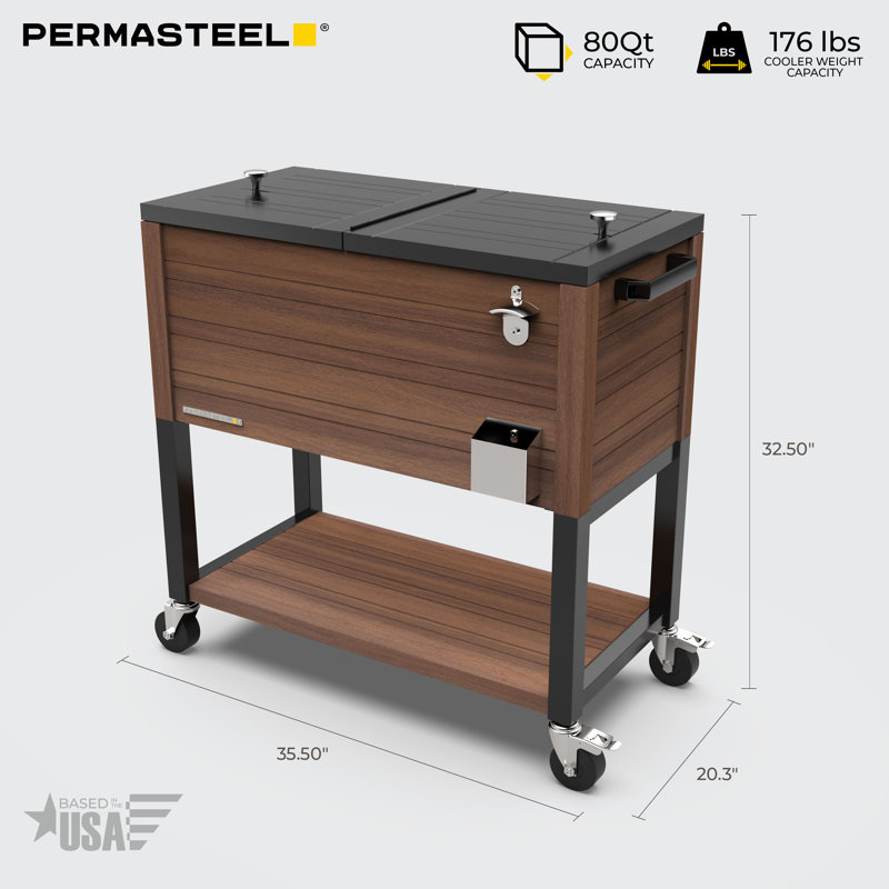 Permasteel 80-Quart Brown Woodgrain Rolling Patio Cooler with Insulated Basin