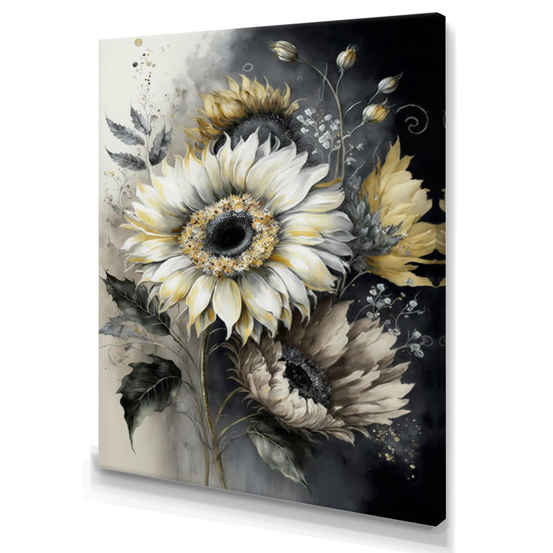 Tournesol blanc - art mural grand tournesol, H 40 po x l 30 po x P 1,5 po, Toile tendue