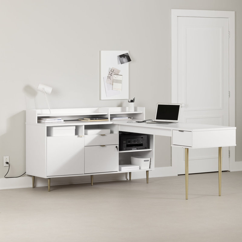 White L-Shaped Corner Desk with Hutch and Brass Legs