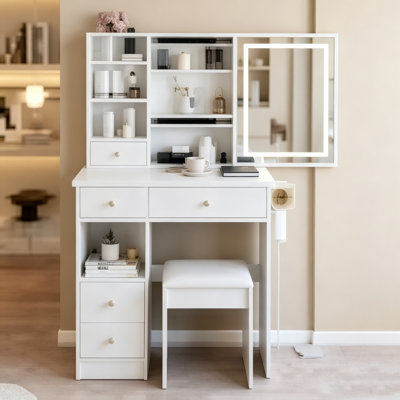 29.2" Compact Vanity Table with Left Drawer, Padded Stool, Large Sliding 3-Color Dimmable Touch LED Mirror, Large Storage for Small Rooms
