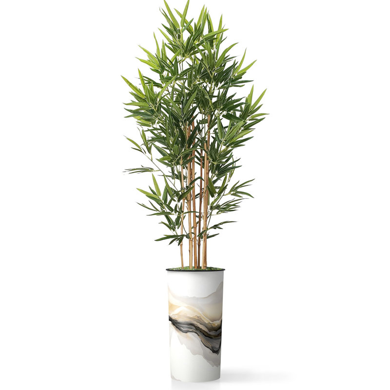 Artificial Tree in Black White Wood Tree Rings Pattern Planter Fake Bamboo Silk Tree, Abstract Land Yellow