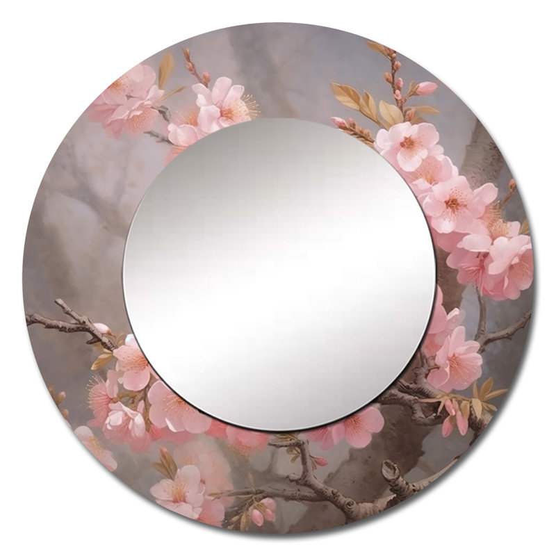 Grand miroir rond Bluebird On Blossom Cherry II, 36 po x 36 po