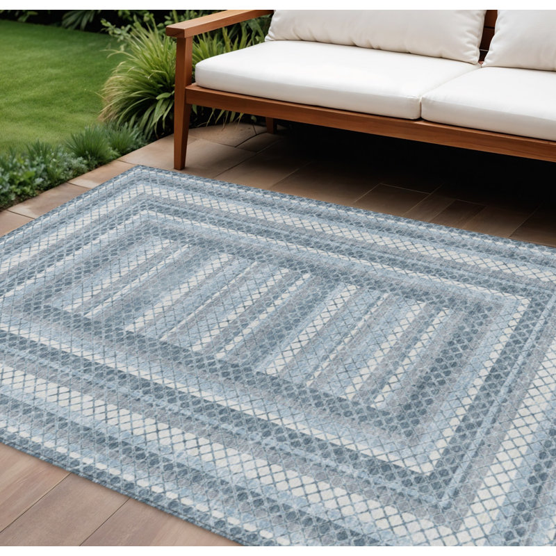 Tapis intérieur lavable extérieur géométrique bleu et ivoire 8 pi x 10 pi