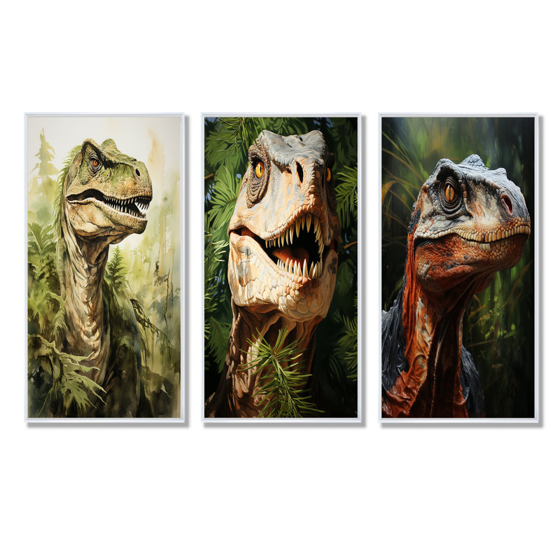 «Green Velociraptor In Jungle I», ensemble de 4 reproductions d'art sur toile, Cadre flottant blanc, H 40 po x l 60 po