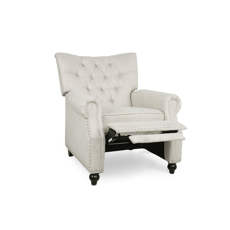 Beige Fabric Button-Tufted Push-Back Recliner with Nailhead Accents