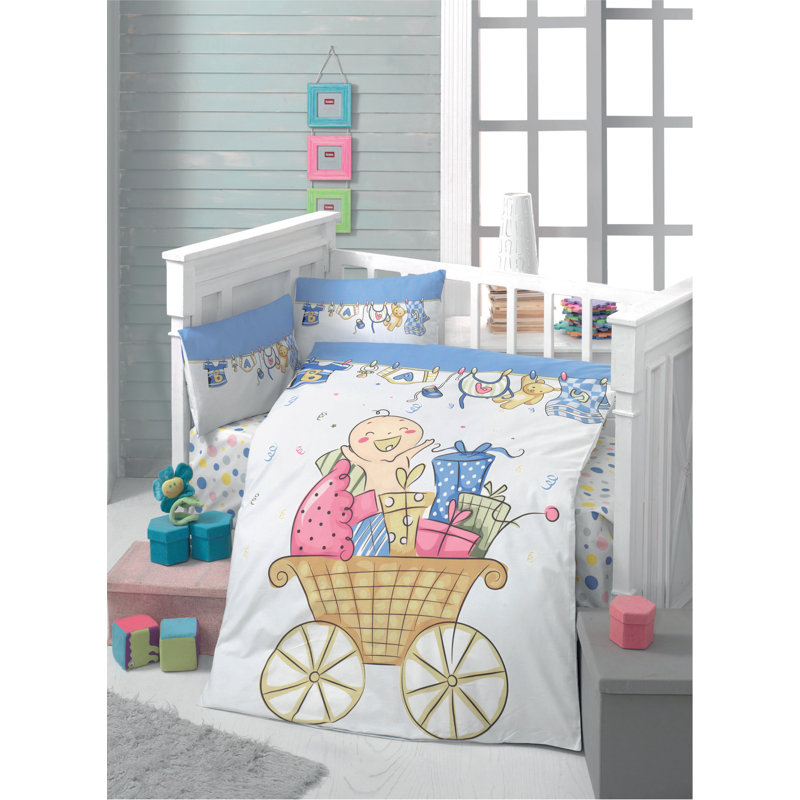 Ensemble de housse de courtepointe 100% coton Ranforce Baby, blanc et crème, bleu, rose, vert | Comprend une housse de couette (39,4 x 59,1 po), un drap plat (39,4 x 59,1 po), 2 taies d'oreiller (13,8 x 17,7 po) | Lavable à la machine, doux et confortab