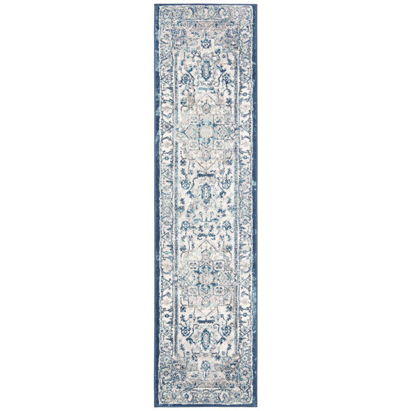 Transitional Light Gray and Blue Synthetic Runner Rug
