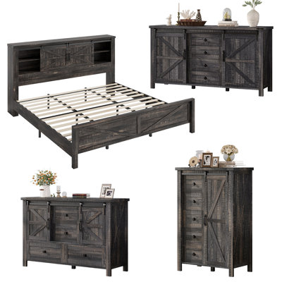  Ensemble de chambre à coucher 4 pièces pour maison de campagne et porte de grange, très grand, chêne foncé