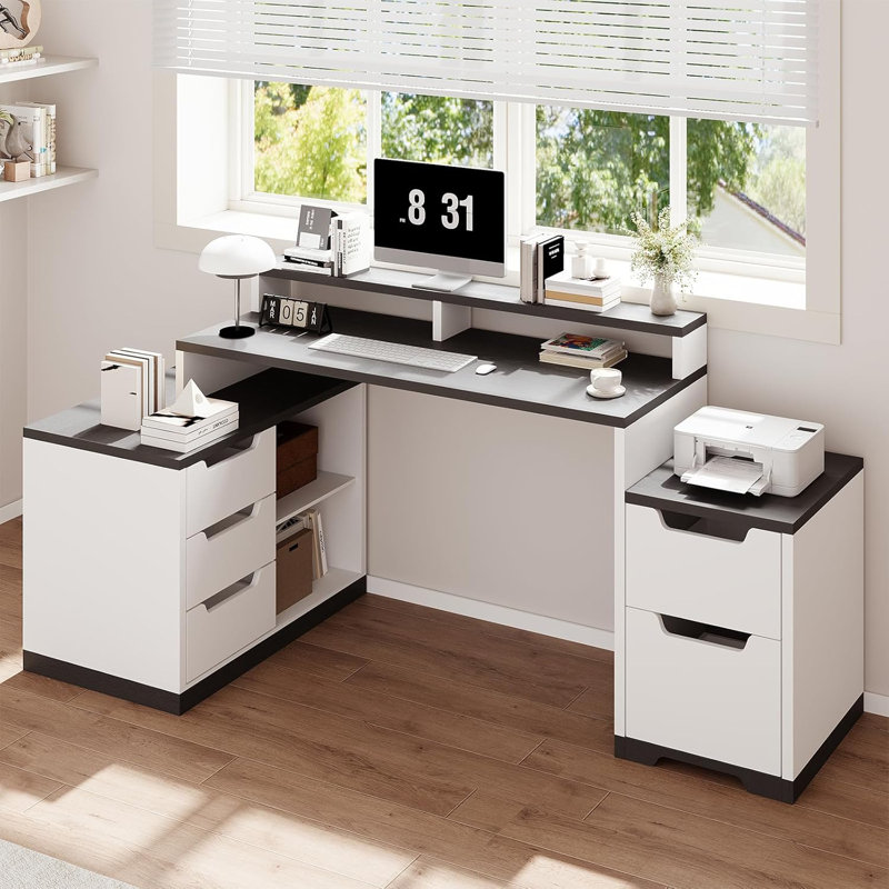 67 Inch L Shaped Executive Desk,Home Office Computer Desk with Monitor Stand,Study Writing Desk