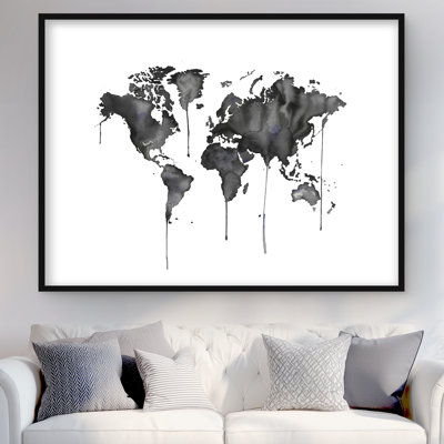 Watercolor World Map - Black Satellite View Framed Print