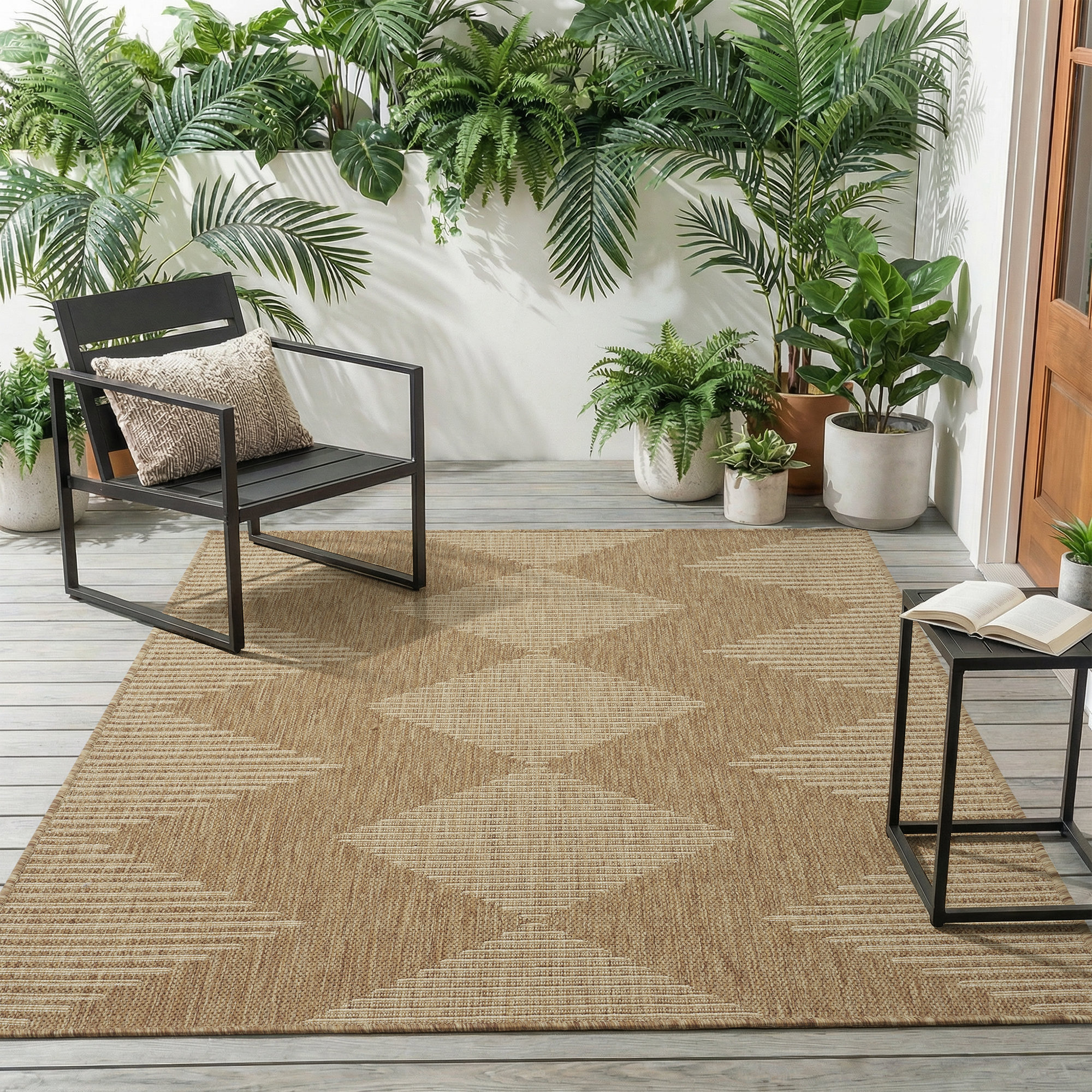 Bungalow Rose Modern Geometric Indoor / Outdoor Area Rug in Brown/Beige ...