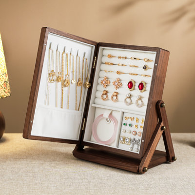Black Walnut Wooden Jewelry Box, 2-in-1 Makeup Mirror for Necklace Ring Earring Bracelet Organizer.