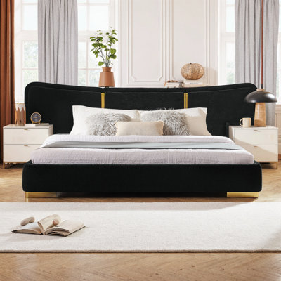 Queen Size Extra Large Platform Bed with Curved Chenille Headboard, Flexible DIY Side Space Design, Reinforced Electroplated Metal Legs, Multi-Point Support, No Box Spring Needed