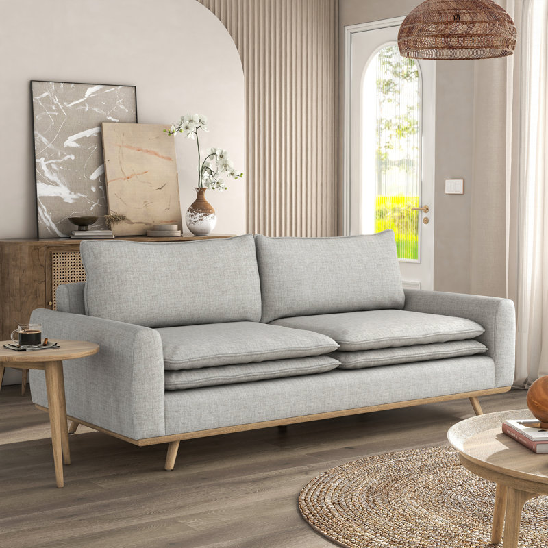 Ashely Upholstered 82.63'' Sofa, Oak Wood, Light Grey