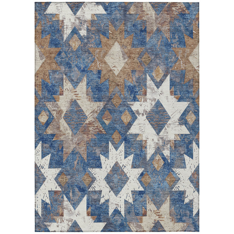 Machine Washable Indoor/Outdoor Xhevrie Blue Rug, Rectangle 10' x 14'
