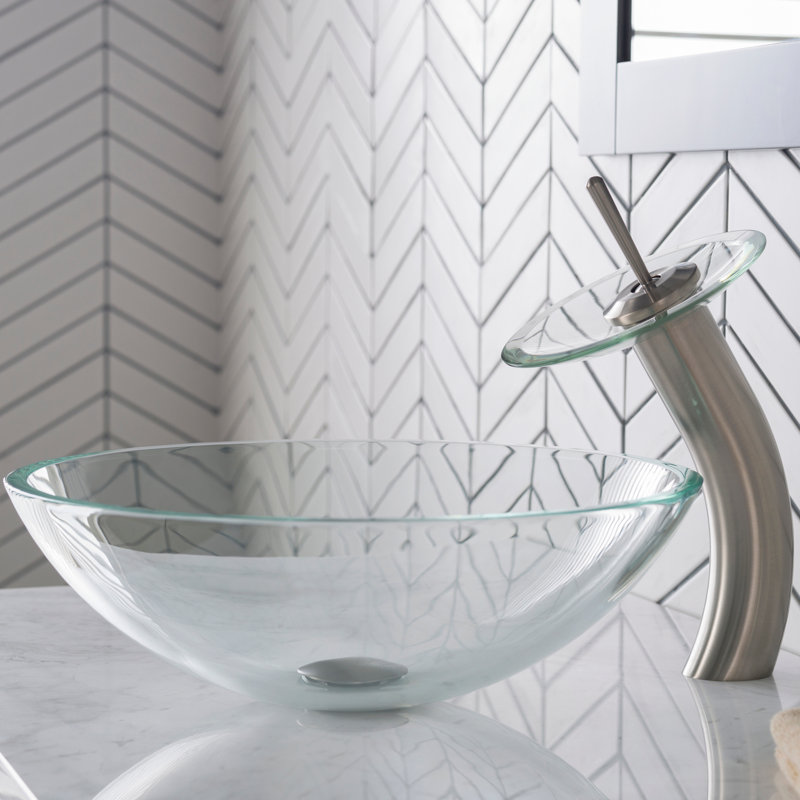 Lavabo de salle de bain vasque circulaire en cristal avec robinet, Nickel satiné