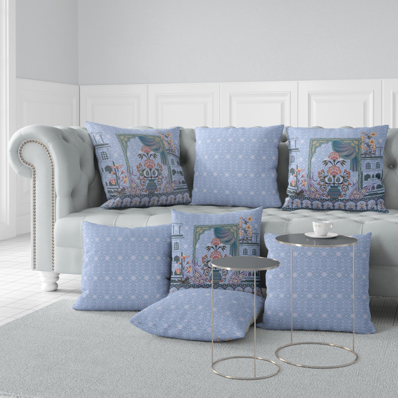 Housse et insert de coussin intérieur / extérieur en polyester Mughal Paradise, 20 po x 20 po, Bleu clair