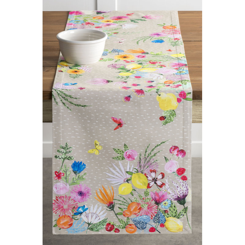 Floral 100% Cotton Table Runner, 72" L x 14.5" W, Fog