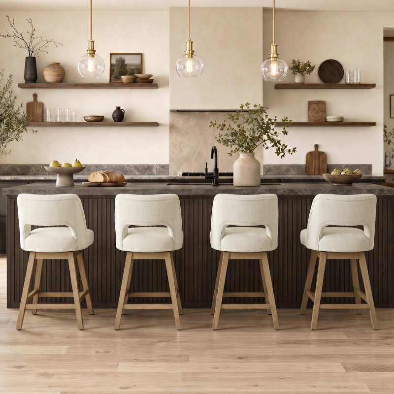 Bisto 360° Swivel Bar Stools with Solid Wood Frame, Polyester Cream, Light Oak Finish