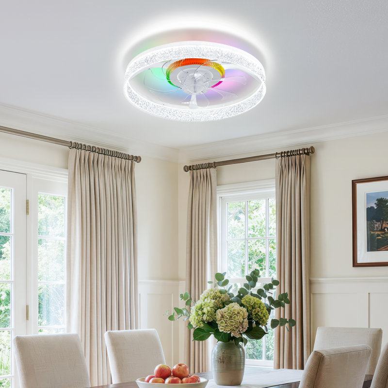 Ventilateur de plafond encastré 18,8 po RVB avec lumière, ventilateur de plafond avec abat-jour rond, télécommande à 6 vitesses, DEL à intensité variable pour la chambre à coucher et les espaces de vie