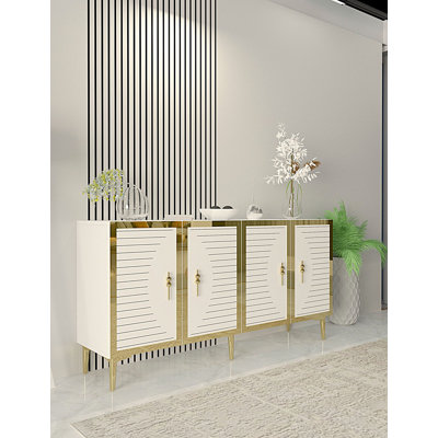 Modern Console Table with Multiple Shelves, White & Gold, 59.1 x 29.5 x 12.6 Inches | 100% Melamine Coated Particle Board, Thickness: 0.7 Inches | Wall-Mountable, Striped Glam Design for Elegant Home Décor