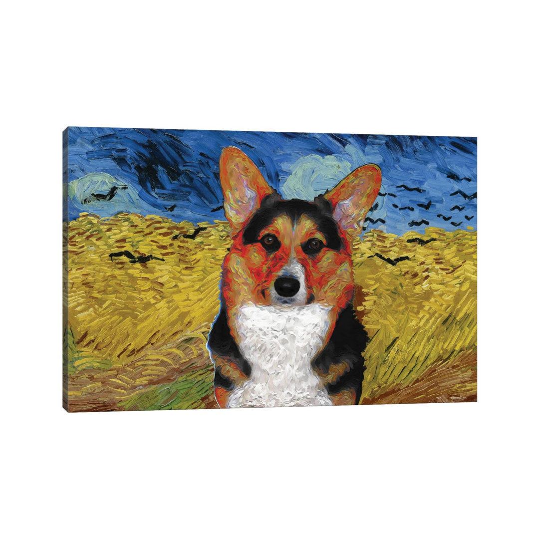 Pembroke Welsh Corgi Wheatfield with Crows - Wrapped Canvas Art Prints