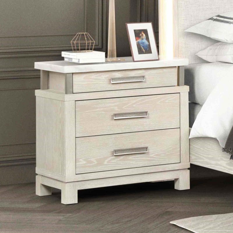 Table de chevet en métal de style transitionnel avec poignées en métal et plateau en marbre teinté UV