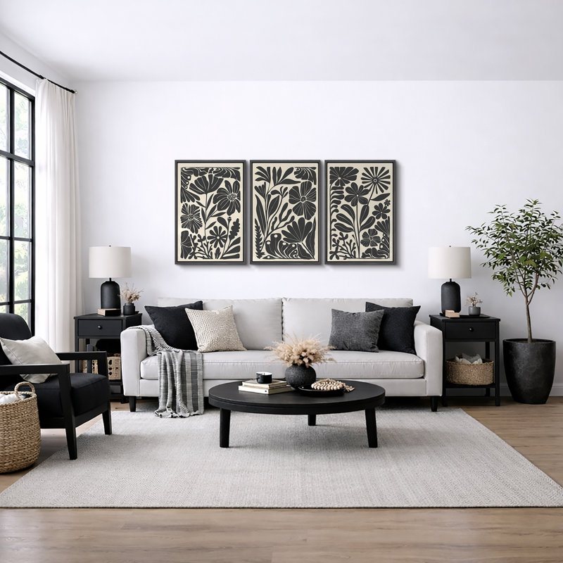 Abstrait botanique, art floral bohème noir et beige, photos murales de salon de style Mid-Century moderne, impression sur toile encadrée, 3 pièces, 16 po x 24 po x 3 pièces, 24 po x 36 po x 3 pièces, 20 po x 60 po x 3 pièces