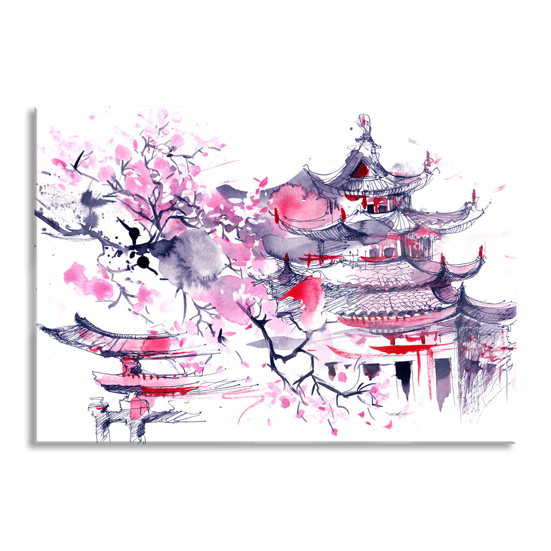 Glasbild Japanischer Tempel mit Aquarellfarben