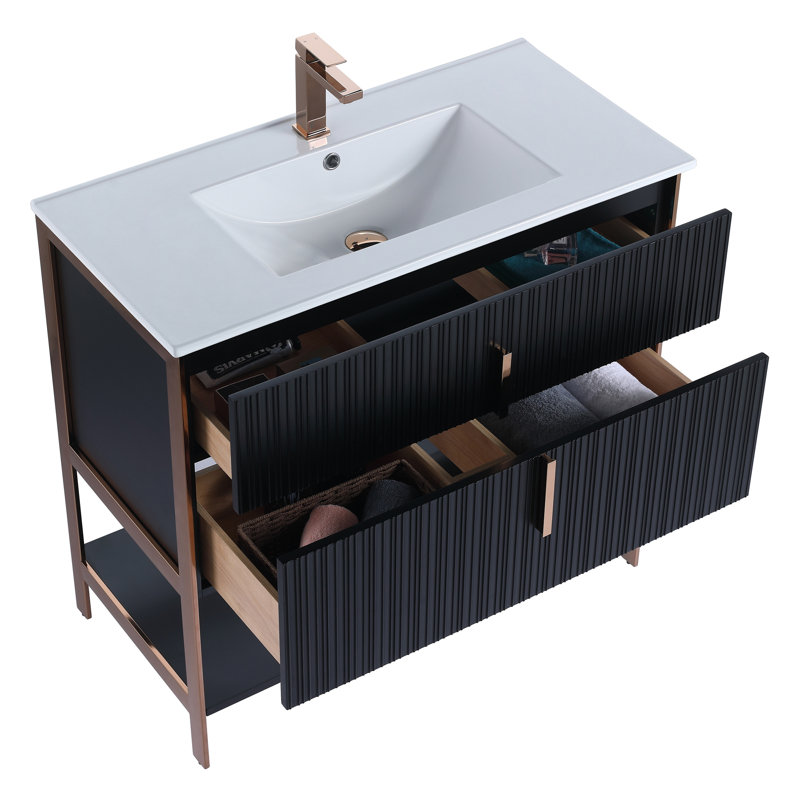  Serenity Modern Bathroom Vanity with White Ceramic Top, Black Matte/Rose Gold, 36"